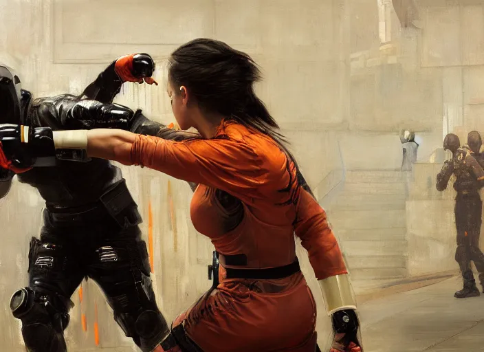 Image similar to Maria fights sgt Nash. Cyberpunk hacker in orange jumpsuit fighting menacing police troopers (blade runner 2049). beautiful face. kickboxing. Orientalist portrait by john william waterhouse and James Gurney and Theodore Ralli and Nasreddine Dinet, oil on canvas. Cinematic, hyper realism, realistic proportions, dramatic lighting, high detail 4k