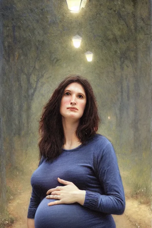 Image similar to pregnant woman under street light, jeans and sweater, by Alyssa Monks, Bouguereau