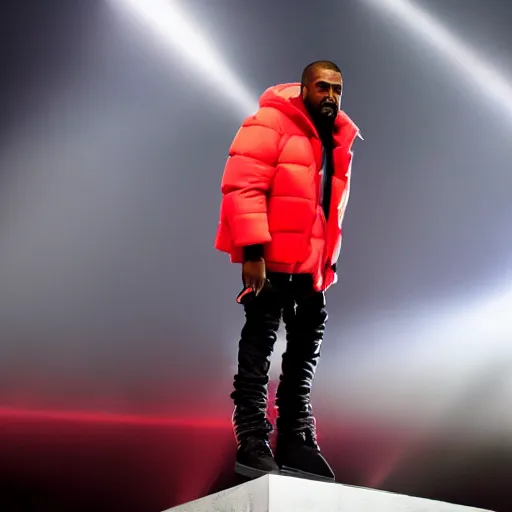 Image similar to kanye west wearing a red puffer jacket and red pants, standing in a stadium, white light shining on him