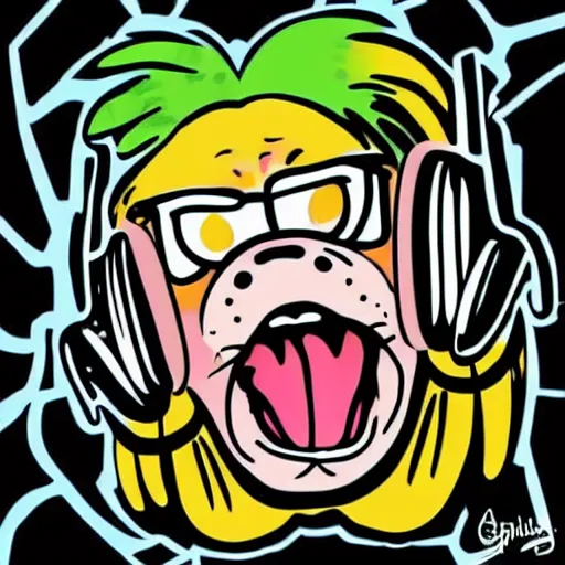 Image similar to artgerm, psychedelic laughing monkey, rocking out, headphones dj rave, digital artwork, r. crumb, svg vector