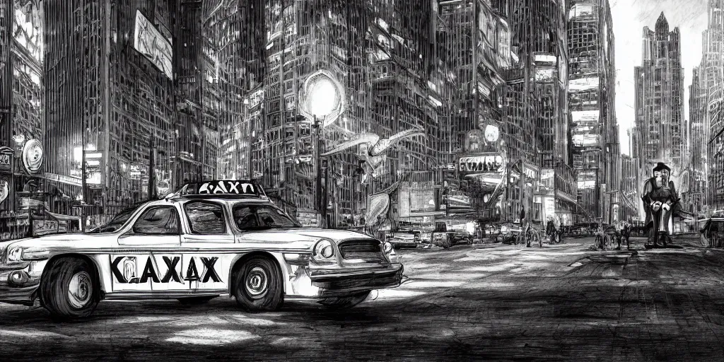 Prompt: cartoonish taxi through the streets of chicago, black and white, night time, dramatic lighting, german expresionism, noir film, character sheet, fine details, concept design, contrast, kim jung gi, greg rutkowski, trending on artstation, 8 k, full body, turnaround, front view, back view, ultra wide angle