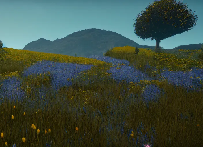 Image similar to fields full of flowers and blue sky with hills in the background. Intricate. Very detailed 8k. Fantasy horror. Sharp. Cinematic post-processing. Unreal engine. Nanite. Ray tracing. Parallax. Tessellation