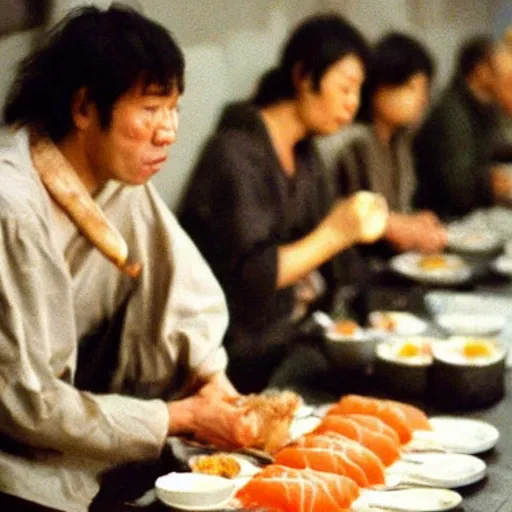 Prompt: neanderthal people in eurasia eating sushi 4 0 0 0 0 years ago