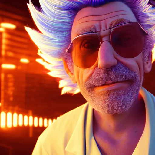 Image similar to portrait of old shaved rick sanchez, lab coat and tee shirt, lens flare, atmosphere, glow, detailed, intricate, full of colour, cinematic lighting, trending on artstation, 4 k, hyperrealistic, focused, extreme details, unreal engine 5, cinematic, masterpiece