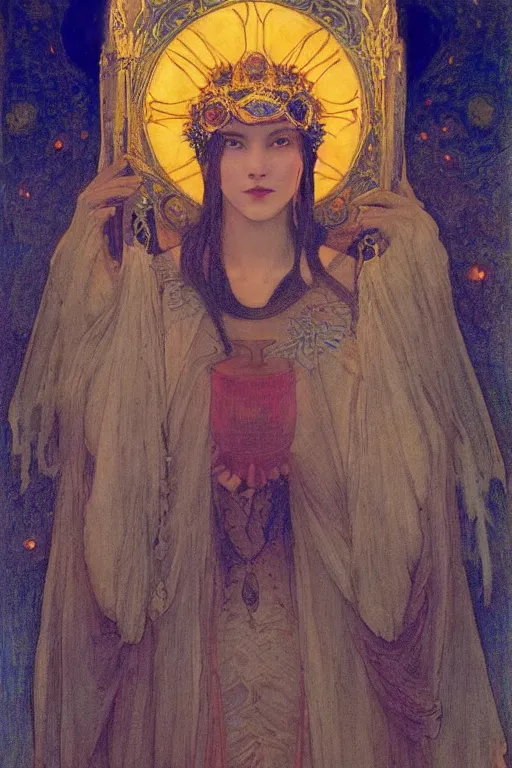 Image similar to queen of the night with her lantern, by Annie Swynnerton and Nicholas Roerich and jean delville, dramatic cinematic lighting , ornate headdress , flowing robes, lost civilizations, extremely detailed