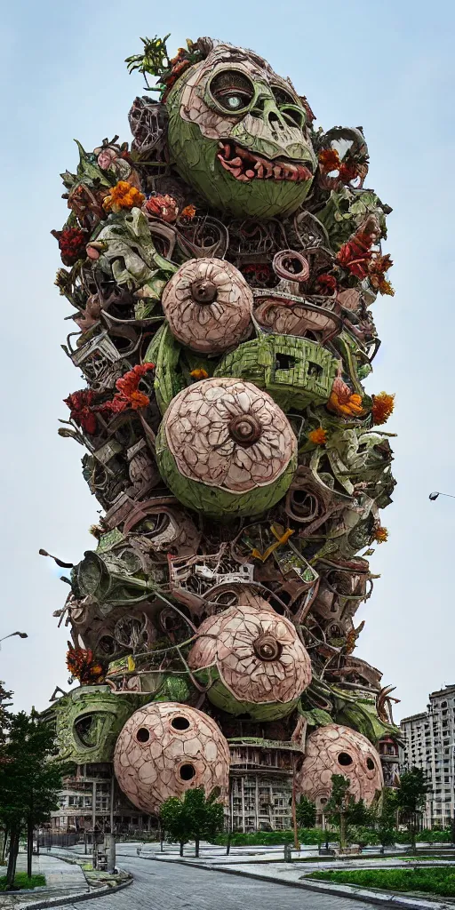 Prompt: colossal grotesque prehistoric flower made from best unfulfilled mankind projects in the middle of abandoned post soviet constructivist cityscape, Stalinist architecture, ultradetailed, Intricate by Hayao Miyazaki and Josan Gonzalez and Makoto Shinkai and Giuseppe Arcimboldo and Wes Anderson