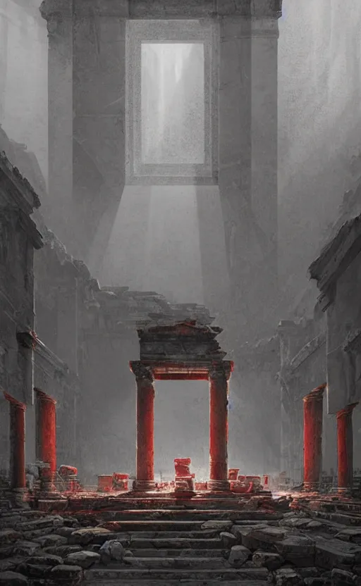 Prompt: decayed roman temple, soft grey and red natural light, crepuscular rays, intricate, digital painting, artstation, concept art, smooth, sharp focus, illustration, art by greg rutkowski and luis rollo and uang guangjian and gil elvgren, symmetry!