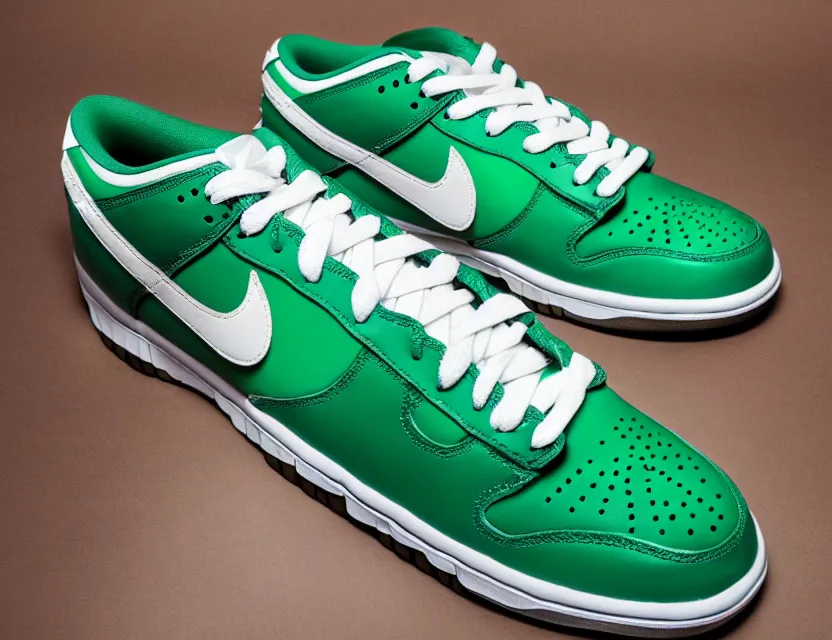 Image similar to a press photograph of nike dunk low pine green and white, size 1 0, white background