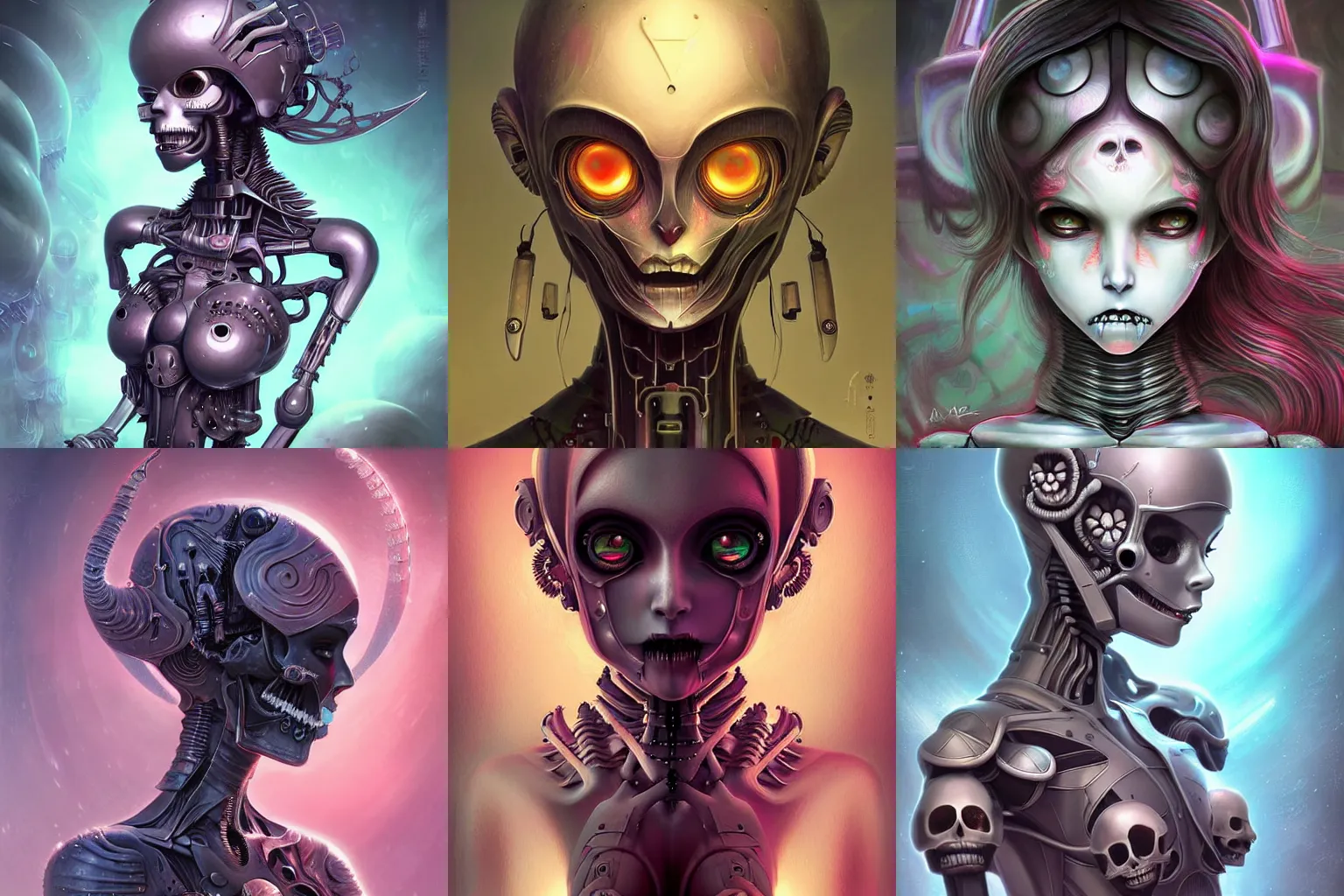 Prompt: detailed, sharp, cute humanoid digital cyber android female warrior wearing skulls by Anna Dittmann and by studio ghibli and Tim Burton and Junji Ito and Zdzislaw Beksinski. digital art. surreal. featured on art station. anime arts. featured on Pixiv, HD, 8K, highly detailed, good lighting