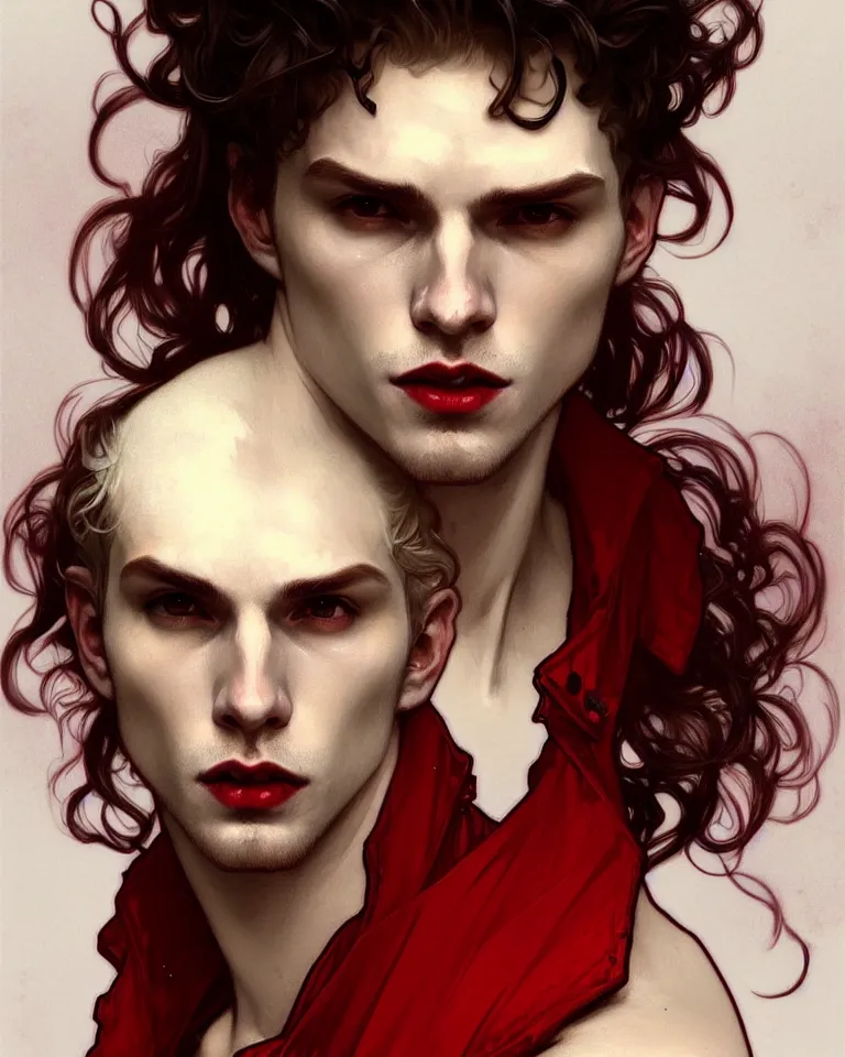 Image similar to portrait of a beautiful young fit male vampire with curly blond hairs and pale skin, dressed with urban clothes, by greg rutkowski and alphonse mucha, d & d character, gradient white to red, modern nocturnal background, highly detailed portrait, digital painting, artstation, concept art, smooth, sharp focus ilustration, artstation hq