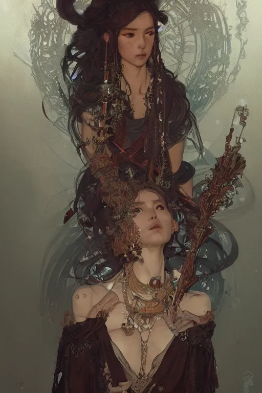 Image similar to A full portrait of a beautiful terrible dystopian junktown Japanese necromancer sorcerer enchanter, intricate, elegant, highly detailed, digital painting, artstation, concept art, smooth, sharp focus, illustration, art by Krenz Cushart and Artem Demura and alphonse mucha