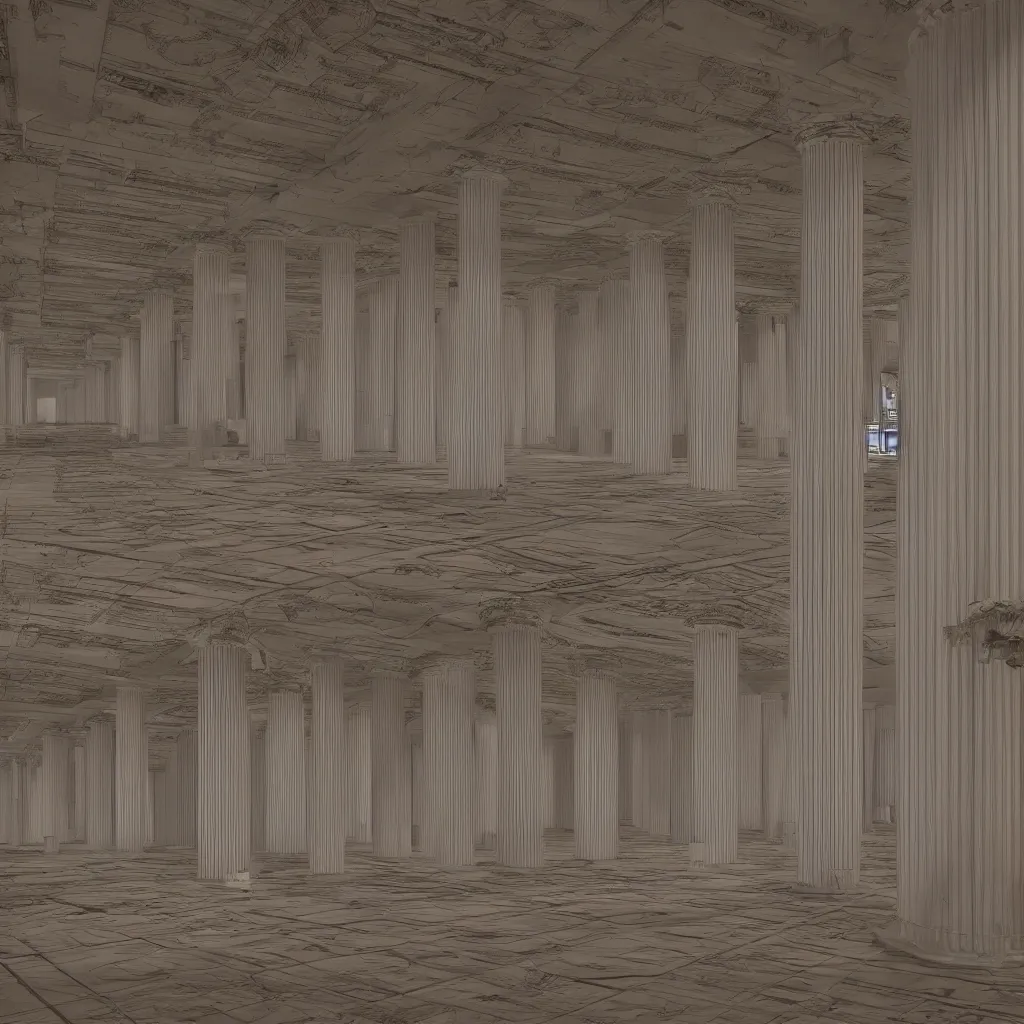 Image similar to a very large room with a lot of columns, a computer rendering by senior environment artist, polycount, deconstructivism, greeble, vray, vray tracing