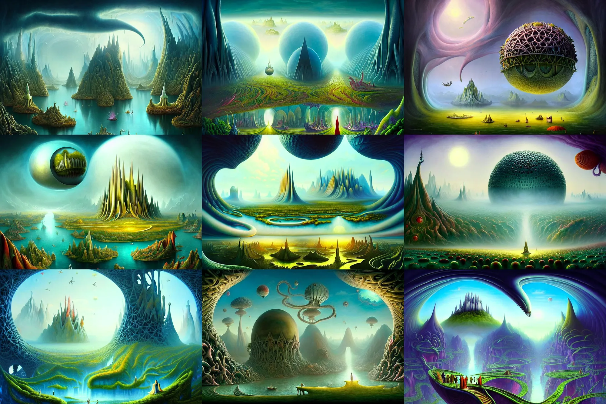 Prompt: a beautiful epic stunning amazing and insanely detailed matte painting of alien dream worlds with surreal architecture designed by Heironymous Bosch, mega structures inspired by Heironymous Bosch's Garden of Earthly Delights, vast surreal landscape and horizon by Cyril Rolando and Krenz Cushart, rich pastel color palette, masterpiece!!, grand!, imaginative!!!, whimsical!!, epic scale, intricate details, sense of awe, elite, fantasy realism, complex composition, 4k post processing