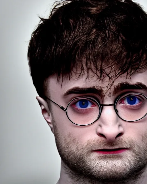 Image similar to prison mugshot of daniel radcliffe with protruding bulging eyes, bright flash, guinness book of world records, low saturation, crazy facial expression, rugged textured face, soft vignette, soft focus, 5 0 mm, 4 k, nypd