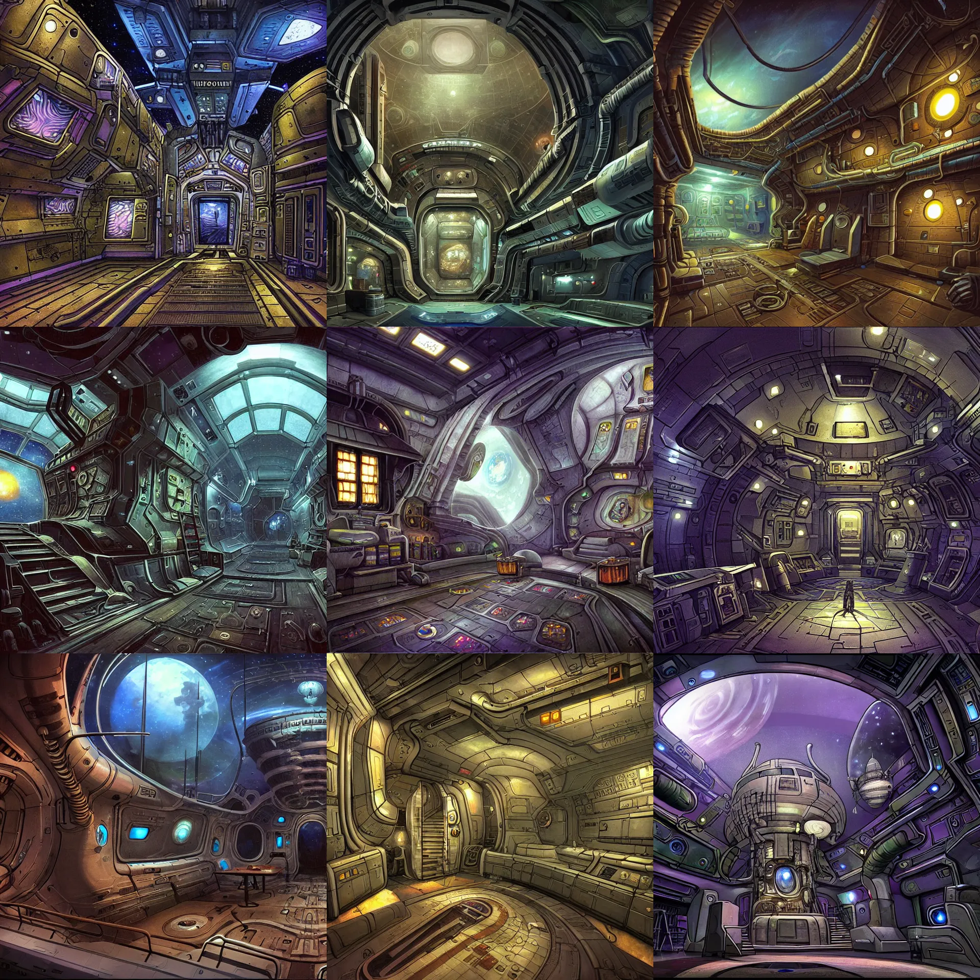 Prompt: a corridor along the hull of a spaceship, from a space themed point and click 2 d graphic adventure game, set design inspired by hg giger and tomb raider, art inspired by thomas kinkade