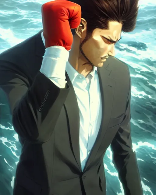 Image similar to gigachad luigi clenched fist punching like saitama wearing a suit in the ocean, fantasy character portrait, ultra realistic, anime key visual, concept art, intricate details, highly detailed by greg rutkowski, ilya kuvshinov, gaston bussiere, craig mullins, simon bisley