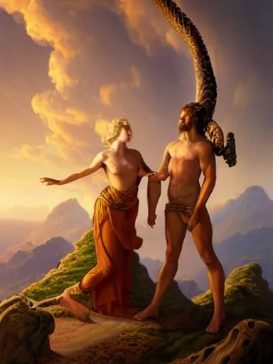 Image similar to adam and eve being tempted by the serpent. an angel looking from the clouds. the sun and mountains on the background. intricate, elegant, highly detailed, digital painting, artstation, concept art, sharp focus, illustration, by justin gerard and artgerm, 8 k