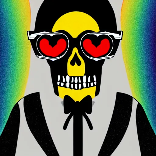 Prompt: evil tall skinny death skeleton grim reaper wearing tuxedo with star shaped rainbow glasses, illustration, 8k, ultra high definition, ultra realistic, extreme detail, cinematic, dynamic lighting, photorealistic, refined, intricate, digital art, digital painting, masterpiece, 8k