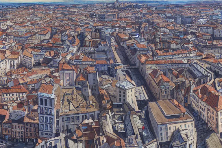 Prompt: drone view of an old european city, hyperrealism painting, wide angle, very detailed, high resolution