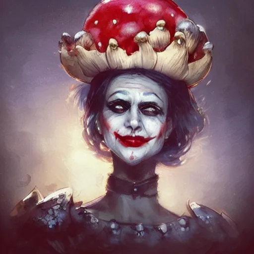 Image similar to joker as an attractive young smiling woman wearing a mushroom crown and heavy armoured wedding dress, face portrait, hd shot, digital portrait, elegant, beautiful, fantasy art, artstation, comic style, by artgerm, guy denning, jakub rozalski, magali villeneuve and charlie bowater