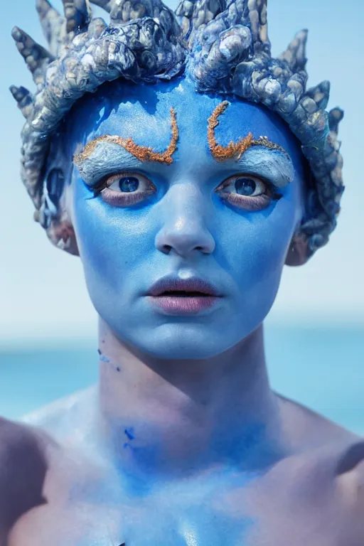 Prompt: a young german woman dressed as a blue-skinned triton from DND standing on a beach, blue body paint, high resolution film still, 8k, HDR colors, cosplay, outdoor lighting, high resolution photograph, photo by bruce weber, beautiful symmetric face
