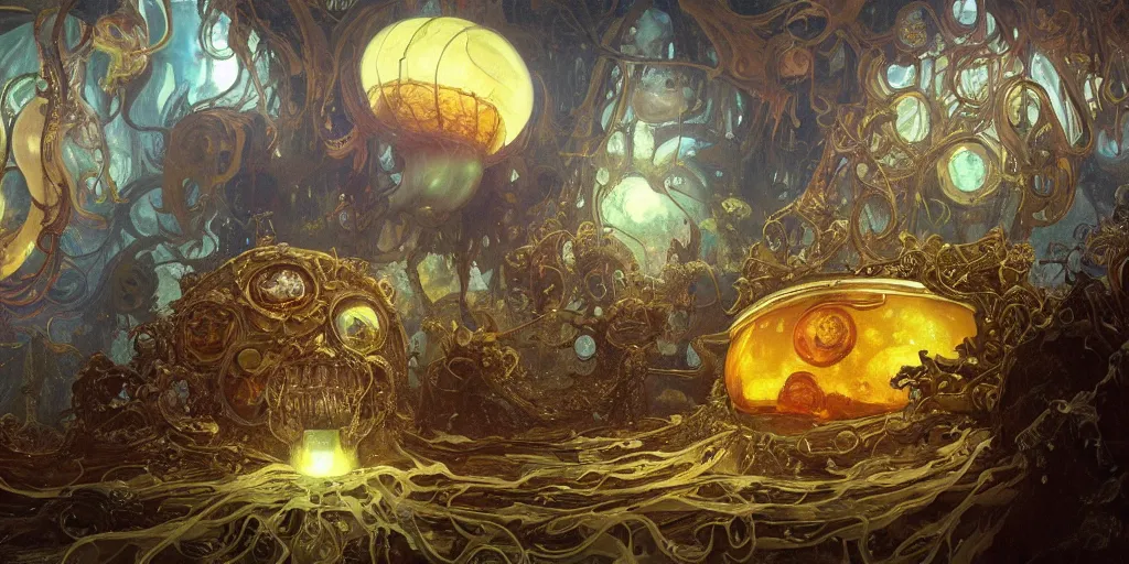 Prompt: concept art of giant translucent glowing jellyfishes, renaissance, divers helmet, lots of teeth, melting horror, round moon, rich clouds, fighting the horrors of the unknown, mirrors, very detailed, volumetric light, mist, grim, fine art, decaying, textured oil over canvas, epic fantasy art, very colorful, ornate, alphonse mucha