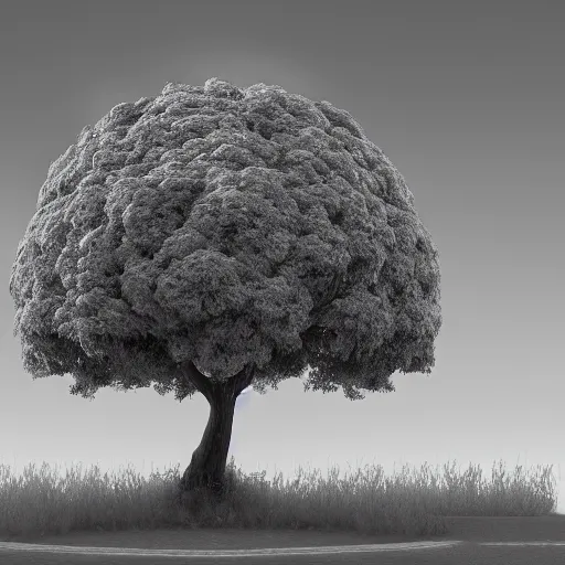 Image similar to a black and white photo of a tree on the side of a road, a matte painting by richard benning, cgsociety, generative art, aftereffects, matte painting, rendered in cinema 4 d