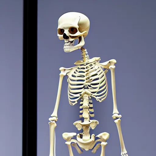 Prompt: a human skeleton made of clear glass