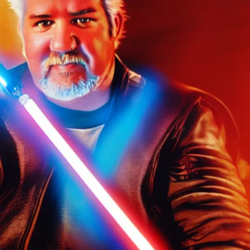 Prompt: Guy Fieri in Star Wars, Jedi Knight, blue light saber, desaturated!, cinematic, cinestill 400t film, 35mm lens, by Stanly Kubrick, ultra high quality