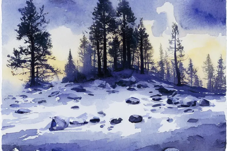 Image similar to small centered on watercolor paper, paint brush strokes, abstract watercolor painting of ragnarok at nightfall, american wild west, winter, pine trees, viking mythology, cinematic light, american romanticism by hans dahl, by jesper ejsing, by anders zorn, by greg rutkowski, by greg manchess, by tyler edlin