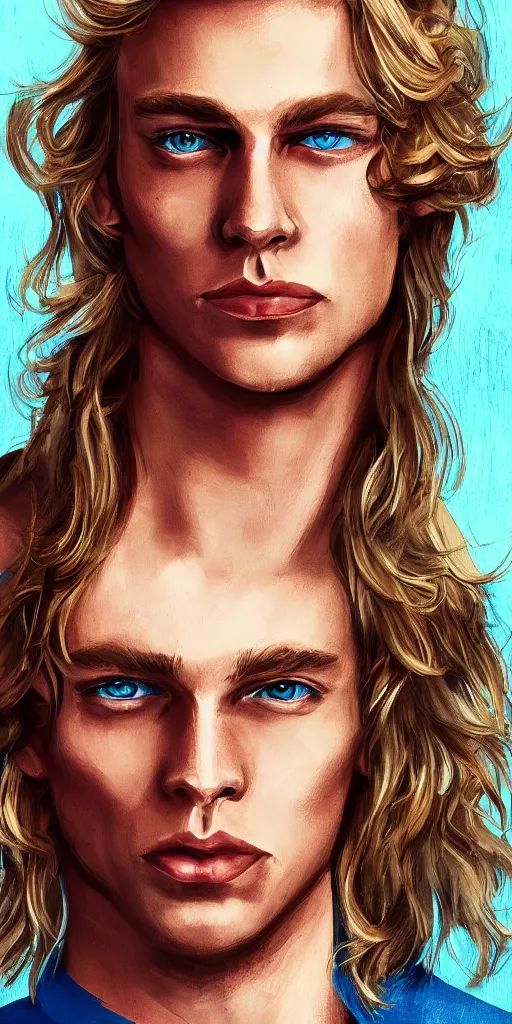 Image similar to portrait of a handsome gorgeous male satanic dirty blonde haired hippie that looks like cody fern with a straw jawline with long hair and blue eyes as the human prince of satan and lucifer, artstation