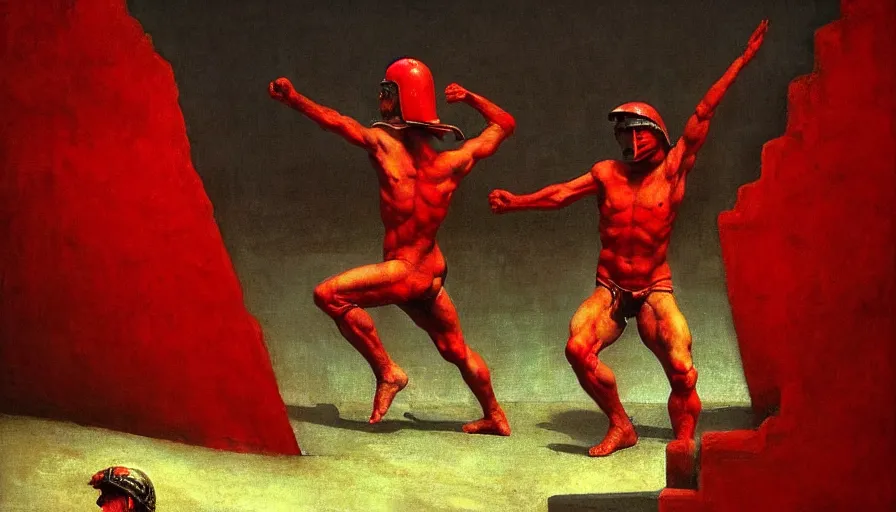 Image similar to only with red, a red gladiator in a crowded roman amphitheatre, crowd cheers him, in the style of beksinski, parts by edward hopper, parts by rodcenko, parts by yue minjun, intricate and epic composition, red by caravaggio, insane quality, highly detailed, masterpiece, red light, artstation