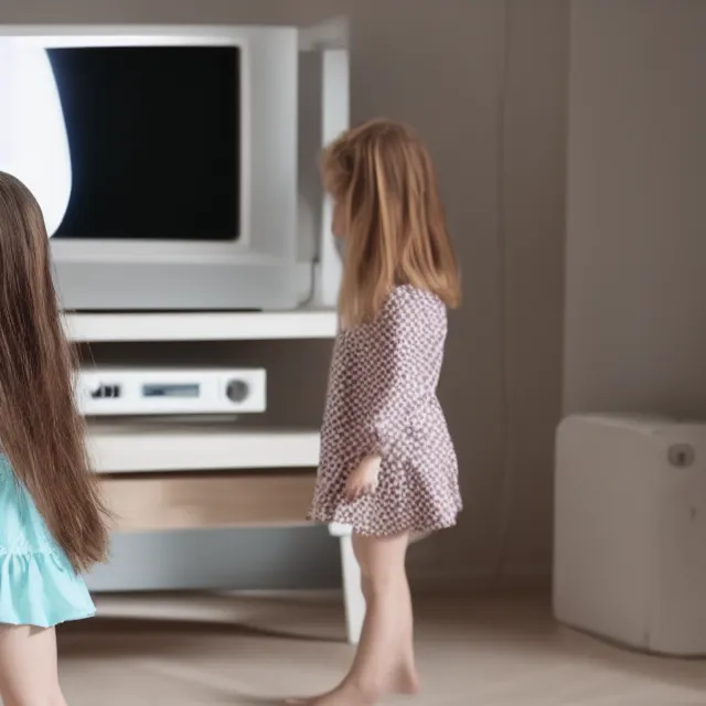 Image similar to a cute little girl in the center of a clean room, static, centered focus, bleak lighting, obscure, low quality TV video effect, photography, footage