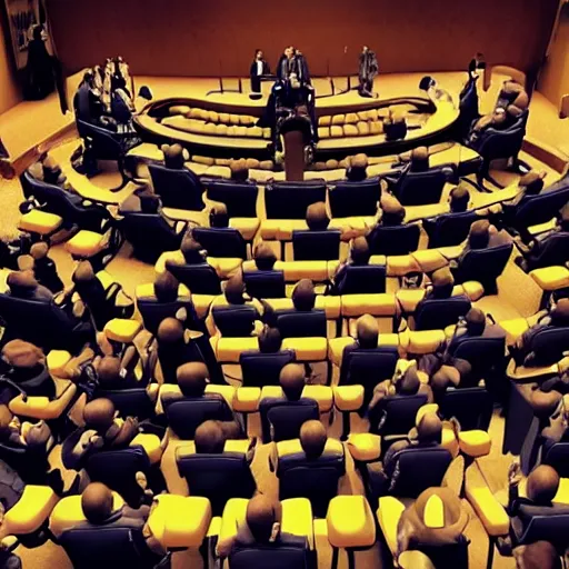 Image similar to hyperrealistic film still of the minions in the un security council, stunning 3 d render, dim volumetric cinematic lighting, 8 k octane comprehensive render, extremely hyper - detailed, incredibly lifelike attributes, intricate, real flesh texture, masterpiece