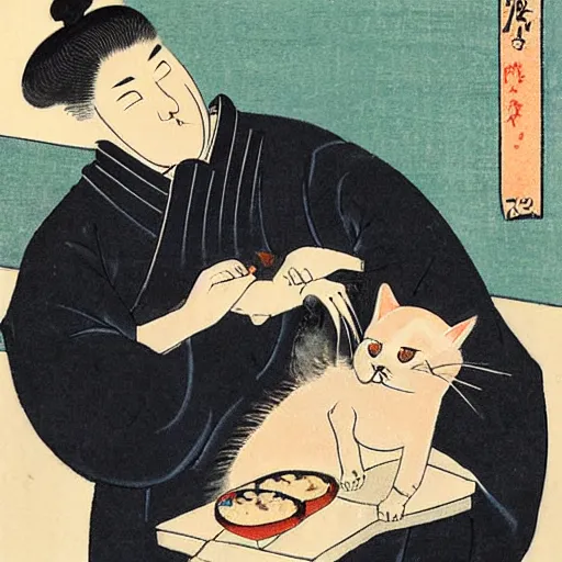 Prompt: angry japanese man giving cat a slice of meat, vintage, painting by utamaro