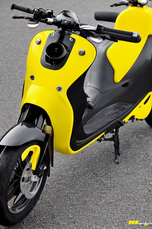 Image similar to scooter tuning with yellow, carbon and white paintjob, race track background, midday, 8 0 ccm malossi engine, yoshimura exhaust, carbon fiber body, race slick tires, custom scooter, dslr, 8 5 mm, f / 1. 3