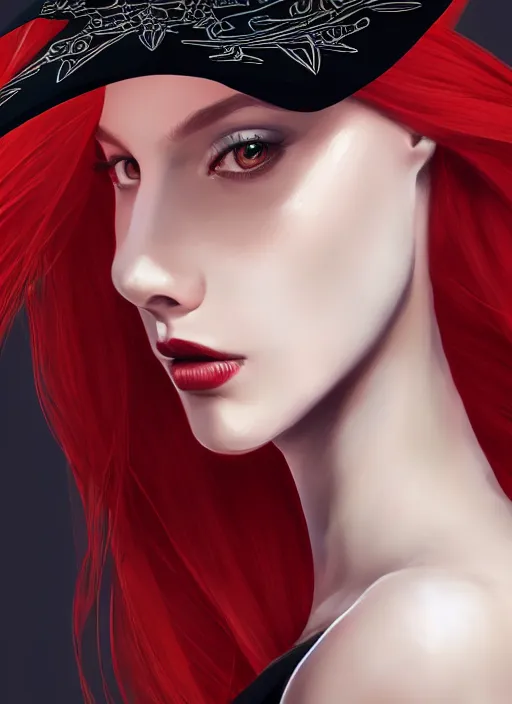 Prompt: a highly detailed illustration of tall beautiful red haired lady wearing black noir dress and black sun hat, elegant pose, perfect face, perfect body, perfect eyes, intricate, elegant, highly detailed, centered, digital painting, artstation, concept art, smooth, sharp focus, league of legends concept art, wlop.