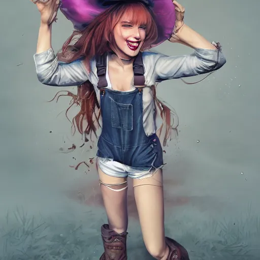 Prompt: realistic, full body portrait, female mad hatter, grin, soft eyes and narrow chin, dainty figure, long hair straight down, torn overalls, short shorts, combat boots, wet tshirt, raining, basic white background, side boob, symmetrical, single person, style of by Jordan Grimmer and greg rutkowski, crisp lines and color,