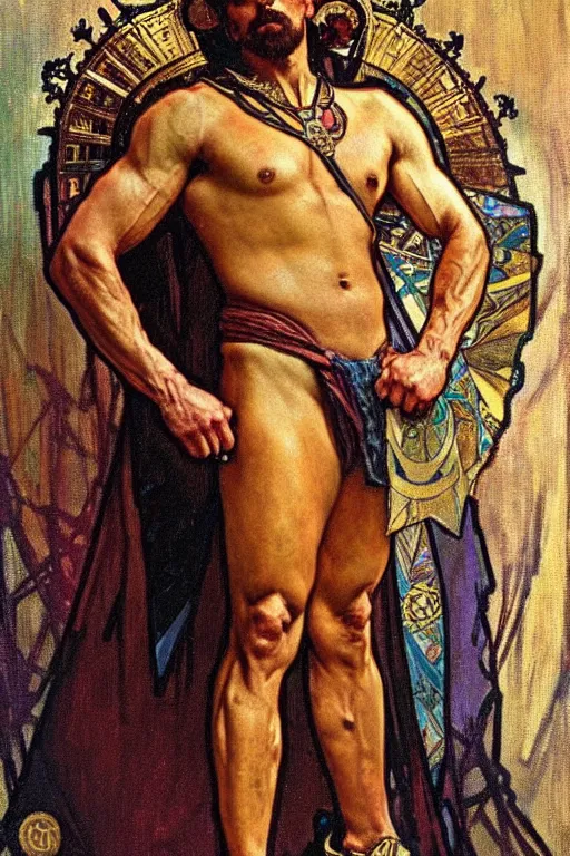 Prompt: A man wearing golden crown, muscular, painting by greg rutkowski and alphonse mucha