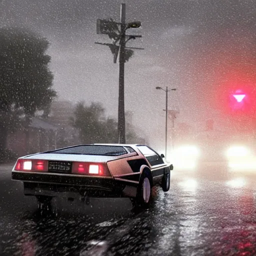 Image similar to hyperdetailed, photorealistic photograph of a dmc 1 2 delorean driving in the streets, rain, night, dense fog, hd, unreal engine 5