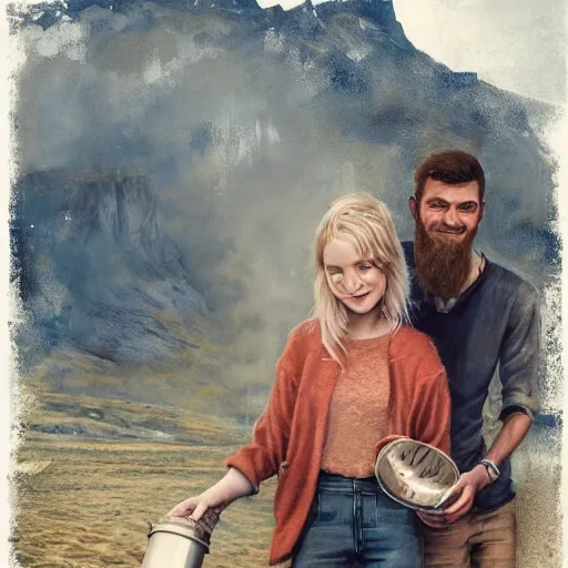 Image similar to a highly detailed portrait of a young couple from the side, holding a tin can, remote icelandic village, summer, jeans and t shirt, blonde hair, muted colors, joy, by tom bagshaw, trending on artstation,