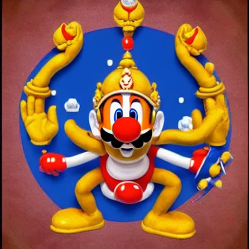 Image similar to hindu god with many arms, supermario fusion