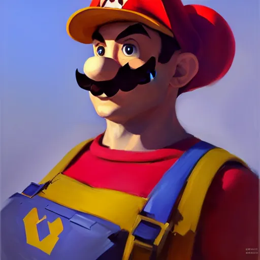 Image similar to Greg Manchess portrait painting of Super Mario as Overwatch character, medium shot, asymmetrical, profile picture, Organic Painting, sunny day, Matte Painting, bold shapes, hard edges, street art, trending on artstation, by Huang Guangjian and Gil Elvgren and Sachin Teng