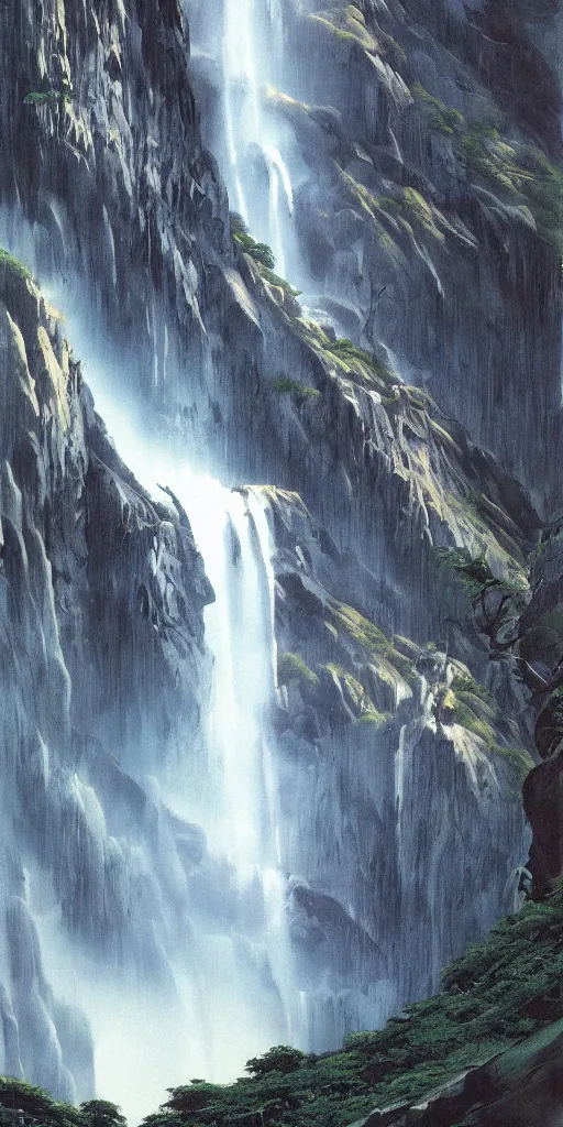Image similar to an impressive waterfall on the side of a huge mountain, moody, mist, highly detailed, by vincent di fate nausicaa and ghibli