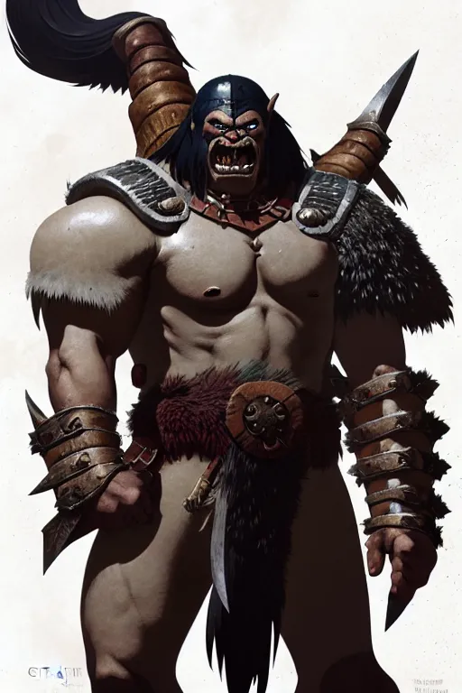 Prompt: orc barbarian wearing leather armor, full body shot, exquisite details, earth magic, mid view, design on a white background, by greg rutkowski, makoto shinkai, takashi takeuchi, studio ghibli