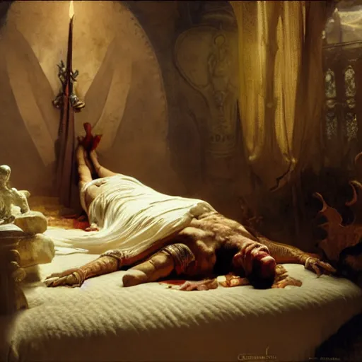Image similar to the pope laying down in his bed, terrified, because a double horned shadow demon is in the bedroom. highly detailed painting by gaston bussiere, greg rutkowski, craig mullins 8 k