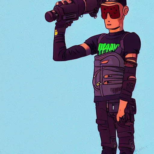 Image similar to in the style of max prentis and deathburger and laurie greasley a young mixed race male explorer wearing a cyberpunk headpiece who is standing on a giant robot head, highly detailed, 8k wallpaper, adventure time colour palette