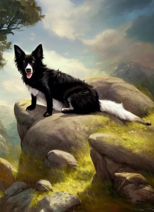 Image similar to wide angle beautiful full body portrait of a cute male anthropomorphic anthro border collie fursona reclining on the side of a rocky hill, character design by charlie bowater, henry asencio, and ross tran, disney, scenic background, detailed, glamor pose, aesthetic, trending on artstation, furaffinity, deviantart