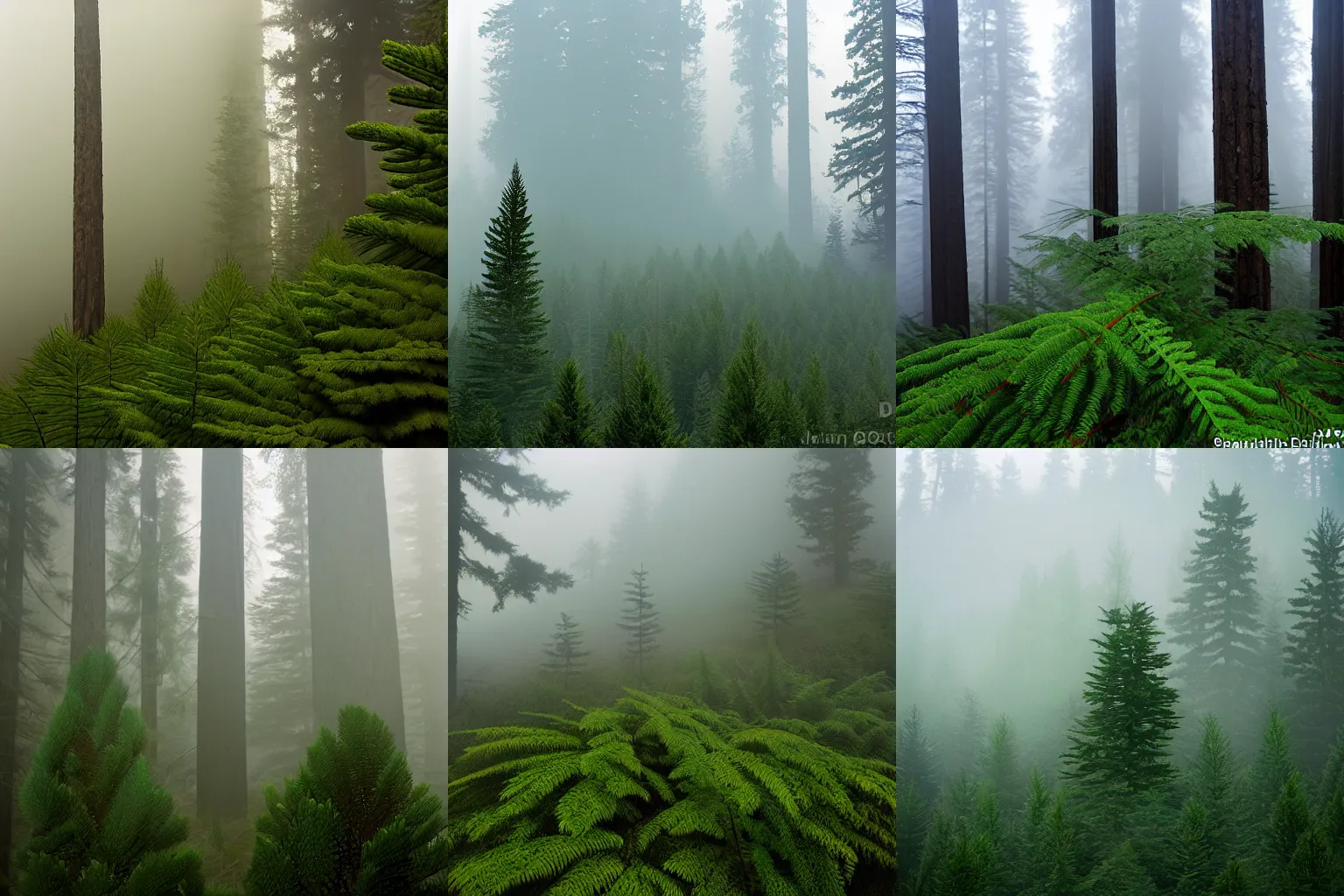 Prompt: A large Douglas Fir tree in a mountainous forest environment in Northern California, misty, ground covered in ferns and pine needles, foggy, early morning haze, June 12th, 2013, beautiful photography, National Geographic, iNaturalist