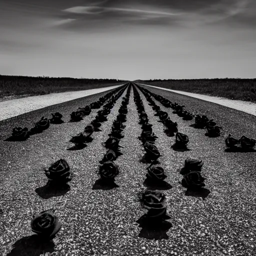 Image similar to black roses lined up on a gravel road, atmospheric light, 8 k photography